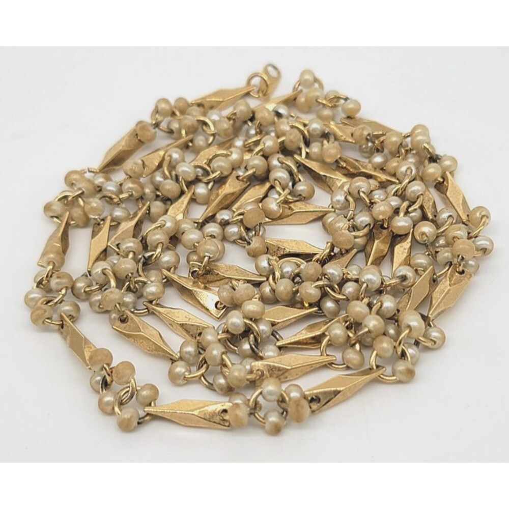 Faux Pearl Bead Necklace Gold Tone Geometric Bar Links Retro Statement Vintage